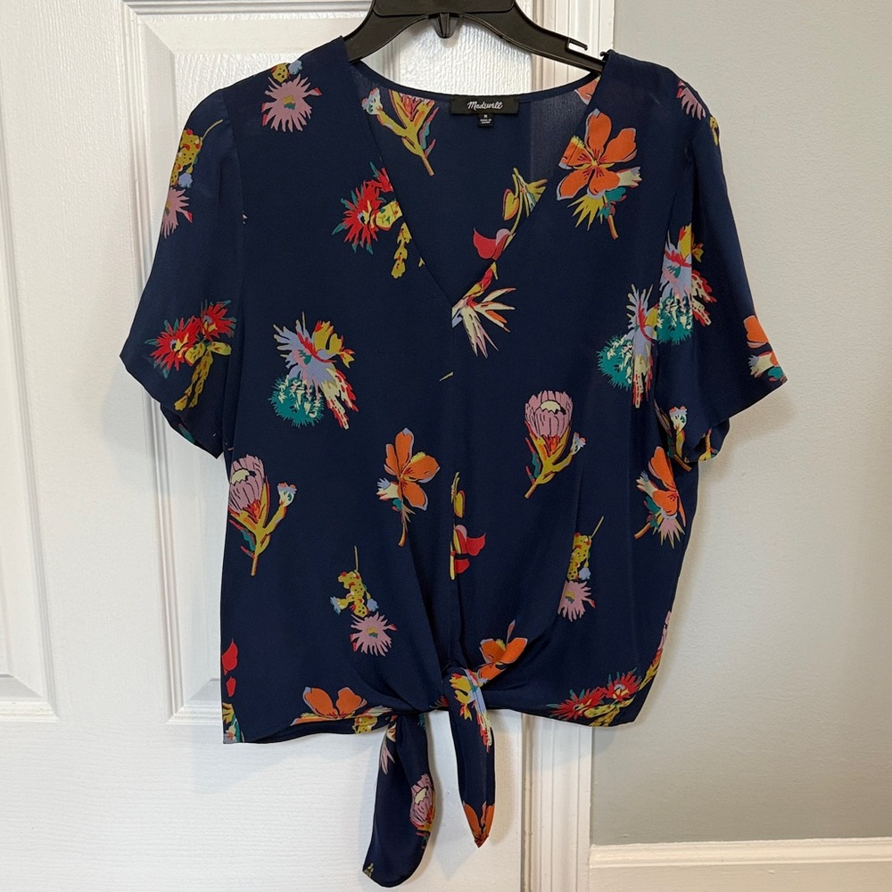 Madewell 100% Silk Blouse Floral Design Navy
